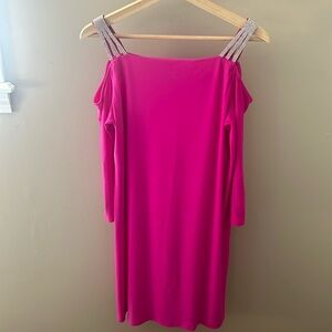 MSK Pink Semi-formal medium dress, off shoulder with sleeves, sequin straps